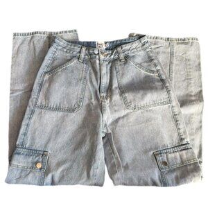 blue high waisted cargo jeans